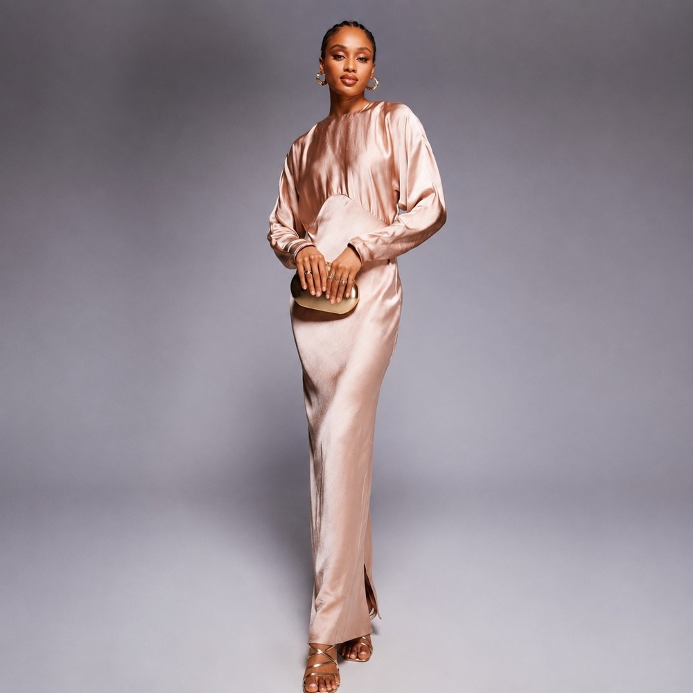 ASOS DESIGN Tall Satin Batwing Maxi Dress Champagne Taupe US 6 Gown 103313909